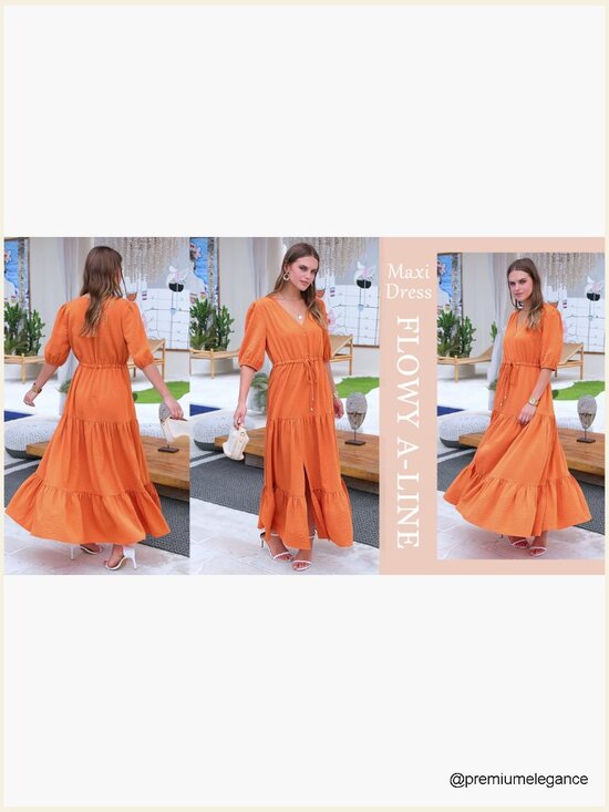 Short Sleeve V-Neck Maxi Dress with Drawstring Waist, Boho Style - Picture 7 of 7